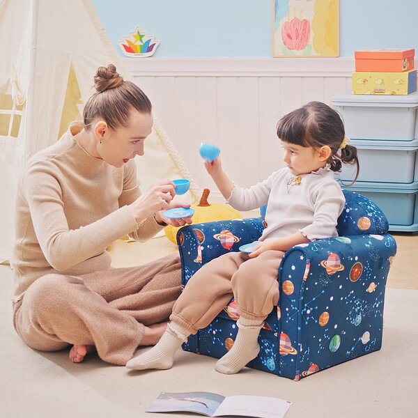 HOMCOM Kids Armchair, Planet Theme with Non-Slip Feet, Sturdy Wooden Frame, Comfortable Seating for Children, Blue Aosom UK