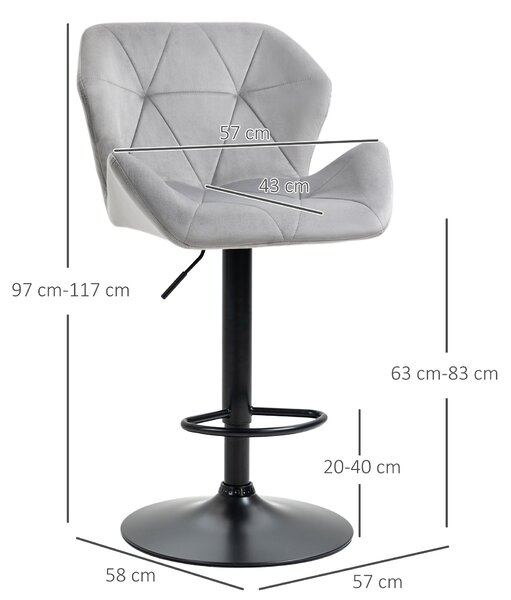 HOMCOM Set Of 2 Bar Chair With Backs, Velvet-Touch Bar Stools w/ Metal Frame Footrest, Adjustable Height Swivel Grey Aosom UK