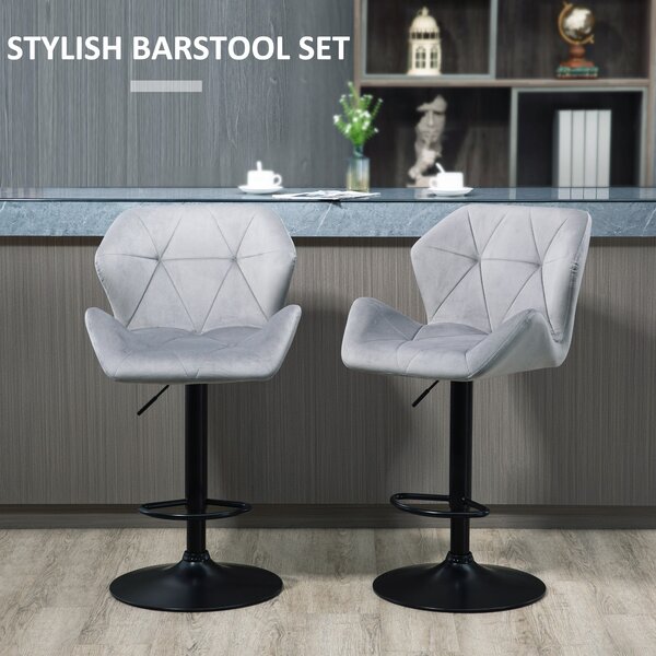 HOMCOM Set Of 2 Bar Chair With Backs, Velvet-Touch Bar Stools w/ Metal Frame Footrest, Adjustable Height Swivel Grey Aosom UK