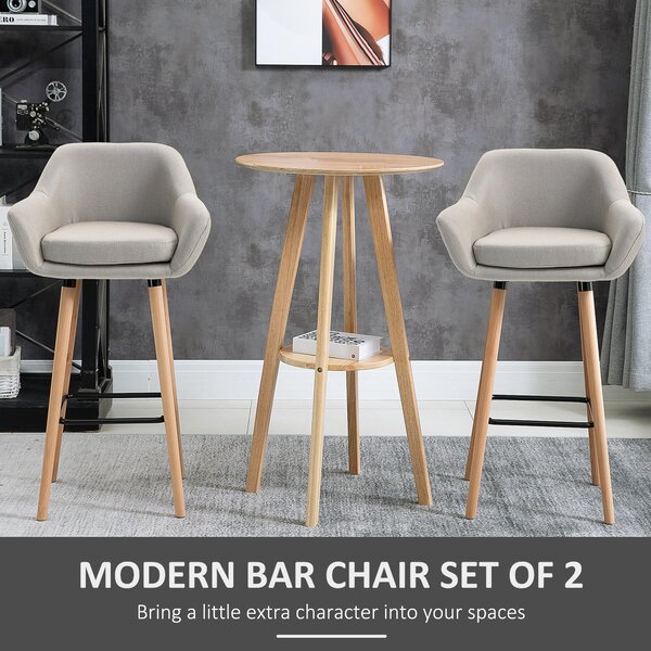 HOMCOM Bar Kitchen Stools Set of 2, Modern Upholstered Seat, Metal Frame, Solid Wood Legs Living Room Dining Room Fabric Furniture, Cat Scratch Anti, Beige Aosom UK