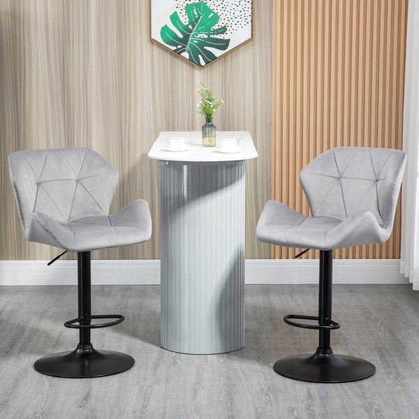 HOMCOM Set Of 2 Bar Chair With Backs, Velvet-Touch Bar Stools w/ Metal Frame Footrest, Adjustable Height Swivel Grey Aosom UK