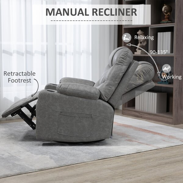 HOMCOM Manual Reclining Chair, Recliner Armchair with Faux Leather, Footrest, Cup Holders, 86x93x102cm, Grey Aosom UK