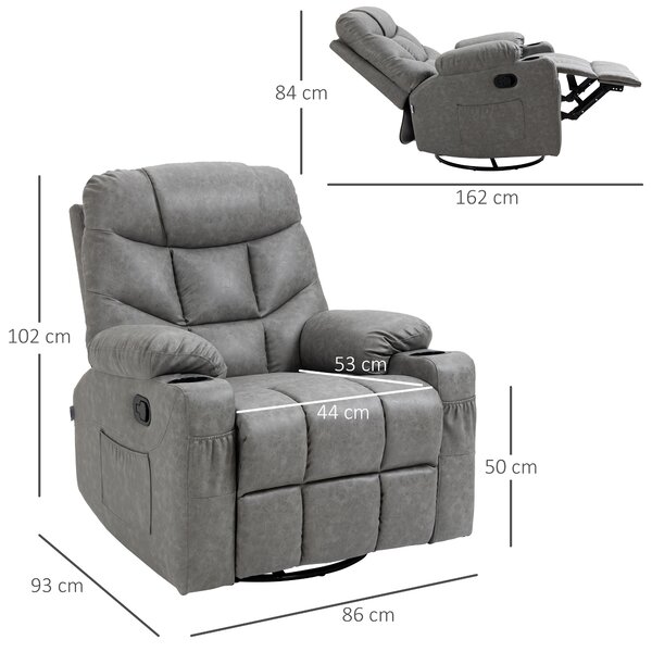 HOMCOM Manual Reclining Chair, Recliner Armchair with Faux Leather, Footrest, Cup Holders, 86x93x102cm, Grey Aosom UK