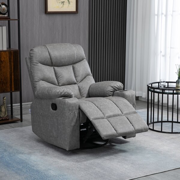 HOMCOM Manual Reclining Chair, Recliner Armchair with Faux Leather, Footrest, Cup Holders, 86x93x102cm, Grey Aosom UK