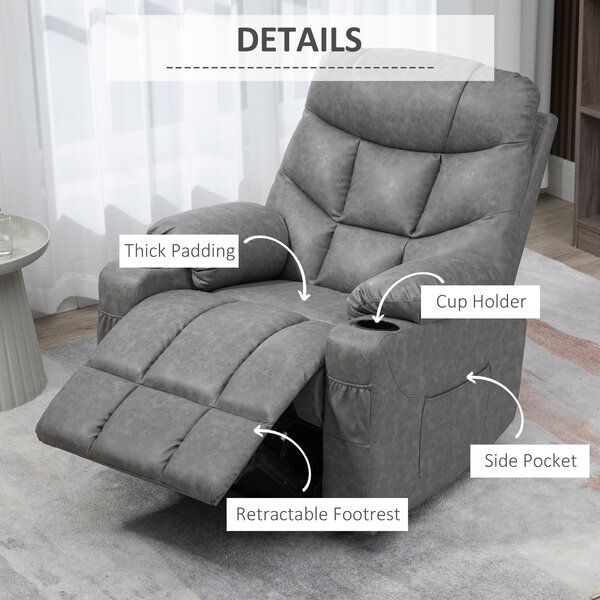 HOMCOM Manual Reclining Chair, Recliner Armchair with Faux Leather, Footrest, Cup Holders, 86x93x102cm, Grey Aosom UK