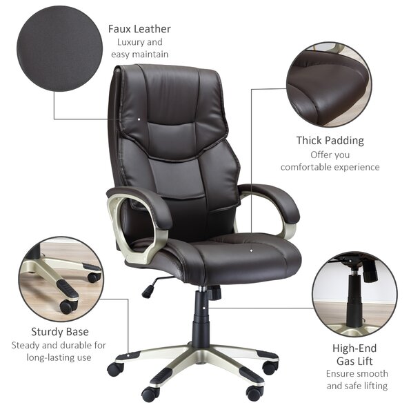 HOMCOM Faux Leather Home Office Chair, Computer Desk Chair with Adjustable Height Rocking Function, Armrests, Brown Aosom UK