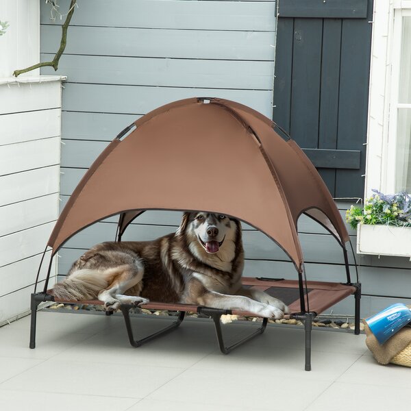 PawHut Raised Dog Bed Waterproof Elevated Pet Cot with Breathable Mesh UV Protection Canopy Coffee, for XXL Dogs, 122 x 92 x 108cm Aosom UK