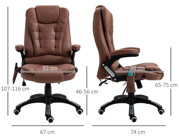 Vinsetto Massage Recliner Chair Heated Office Chair with Six Massage Points Microfiber Cloth 360° Swivel Wheels Brown