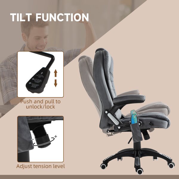 Vinsetto 6-Points Massage Office Chair, Executive Office Chair, Reclining Office Chair w/ Velvet-Feel Fabric, 360° Swivel Wheels, Grey Aosom UK