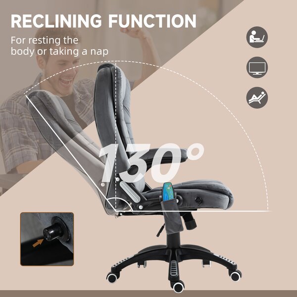 Vinsetto 6-Points Massage Office Chair, Executive Office Chair, Reclining Office Chair w/ Velvet-Feel Fabric, 360° Swivel Wheels, Grey Aosom UK
