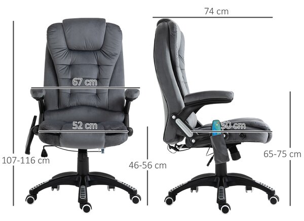 Vinsetto 6-Points Massage Office Chair, Executive Office Chair, Reclining Office Chair w/ Velvet-Feel Fabric, 360° Swivel Wheels, Grey Aosom UK