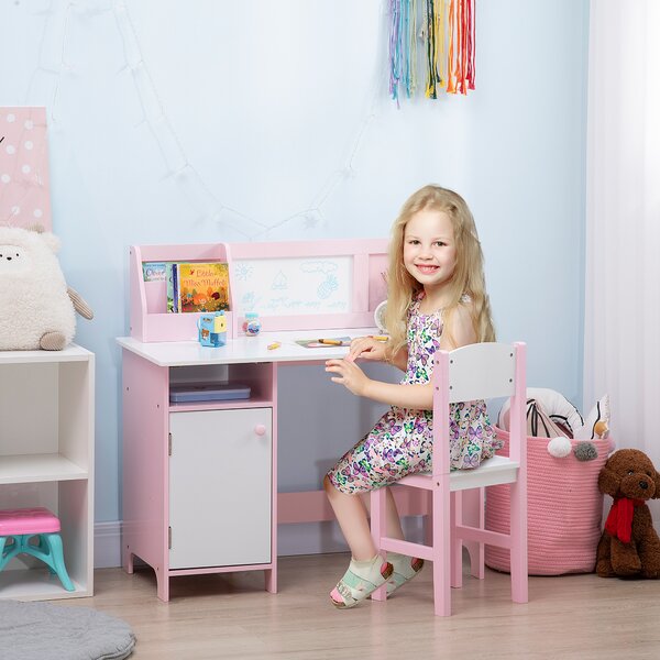 HOMCOM Kids Table and Chair Set Two-Piece Table and Chair Set Multi Use Toddler Furniture w/ Whiteboard - Pink Aosom UK
