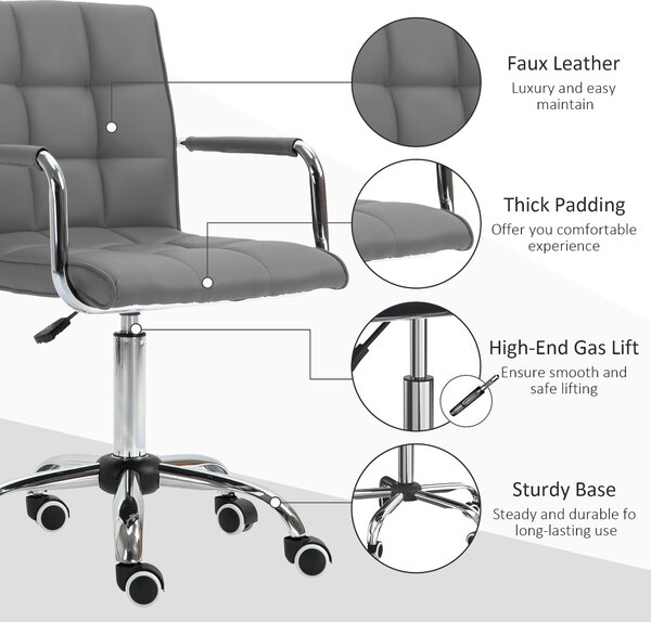 Vinsetto Mid Back PU Leather Home Office Desk Chair Swivel Computer Chair with Arm, Wheels, Adjustable Height, Grey Aosom UK