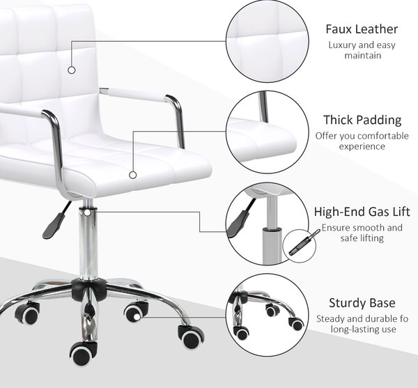 Vinsetto Ergonomic Desk Chair, Adjustable PU Swivel Chair with Armrest & Silent Wheels for Makeup & Study, White Aosom UK