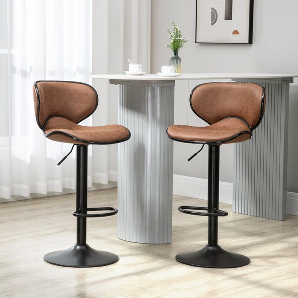 HOMCOM Bar Stool Set of 2 Microfiber Cloth Adjustable Height Armless Chairs with Swivel Seat, Brown Aosom UK