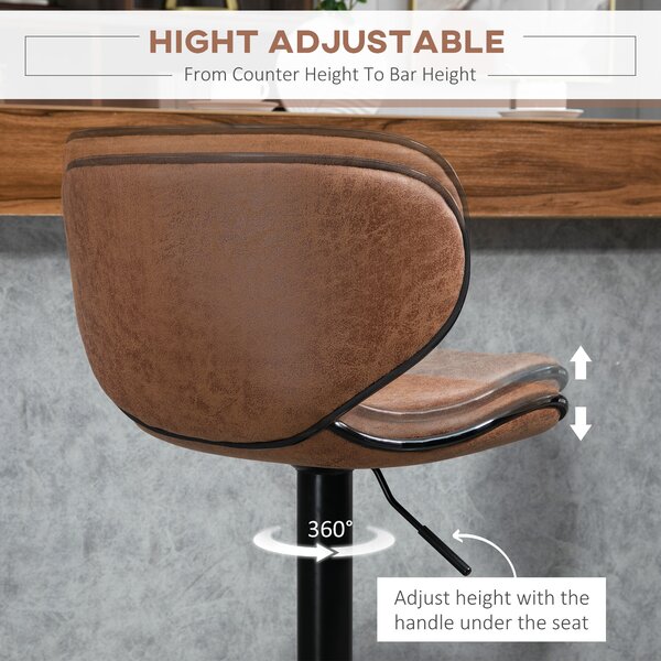 HOMCOM Bar Stool Set of 2 Microfiber Cloth Adjustable Height Armless Chairs with Swivel Seat, Brown Aosom UK