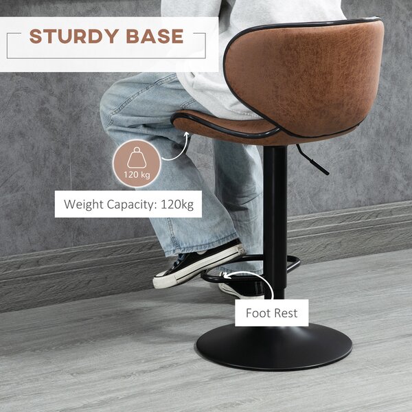 HOMCOM Bar Stool Set of 2 Microfiber Cloth Adjustable Height Armless Chairs with Swivel Seat, Brown Aosom UK