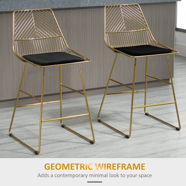 HOMCOM Set of 2 Bar Chair w/ Modern Counter Height, Wire Metal Bar Stool for Kitchen, Counter Bar Stool, Gold Aosom UK