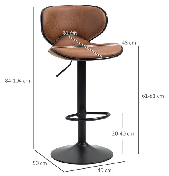 HOMCOM Bar Stool Set of 2 Microfiber Cloth Adjustable Height Armless Chairs with Swivel Seat, Brown Aosom UK