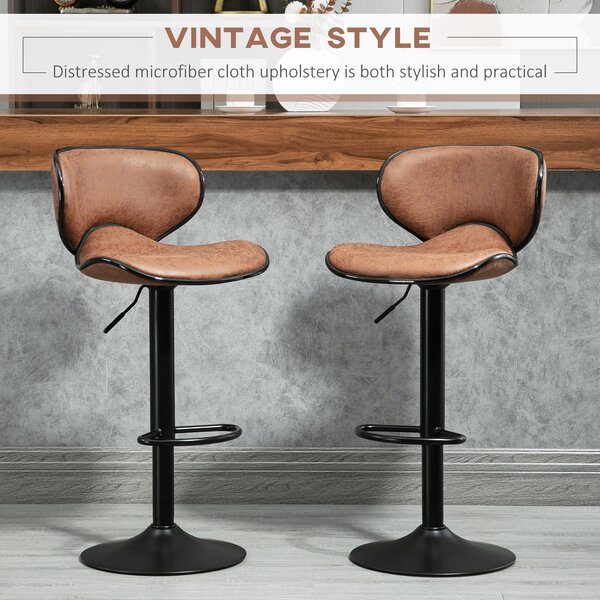 HOMCOM Bar Stool Set of 2 Microfiber Cloth Adjustable Height Armless Chairs with Swivel Seat, Brown Aosom UK