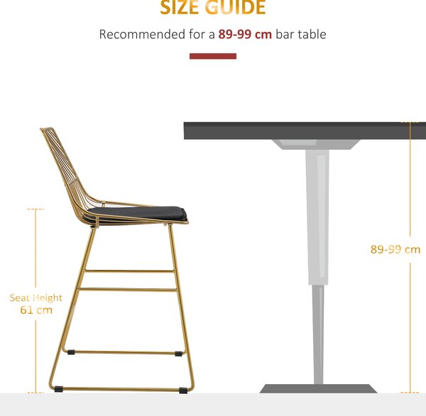 HOMCOM Set of 2 Bar Chair w/ Modern Counter Height, Wire Metal Bar Stool for Kitchen, Counter Bar Stool, Gold Aosom UK