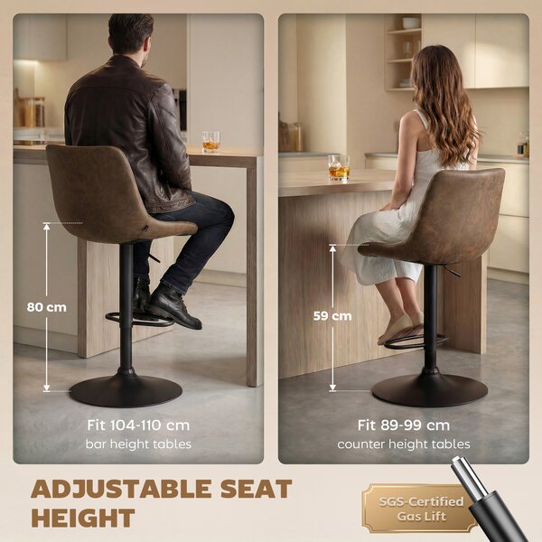 HOMCOM Breakfast Bar Stools Set of 2, 59-80cm Sitting Hight Leather Upholstered Bar Chairs with Back, Swivel Seat, Brown Aosom UK