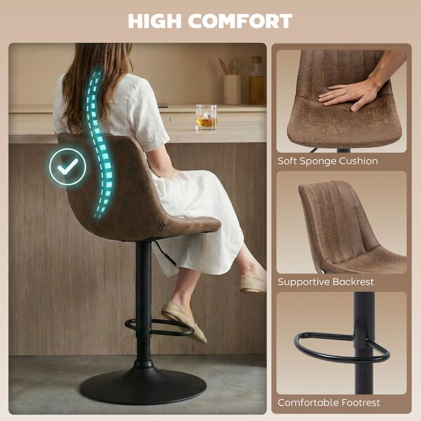 HOMCOM Breakfast Bar Stools Set of 2, 59-80cm Sitting Hight Leather Upholstered Bar Chairs with Back, Swivel Seat, Brown Aosom UK