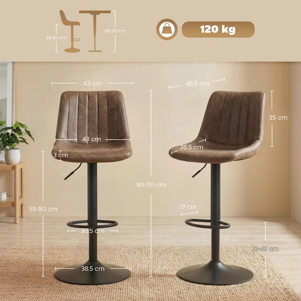 HOMCOM Breakfast Bar Stools Set of 2, 59-80cm Sitting Hight Leather Upholstered Bar Chairs with Back, Swivel Seat, Brown Aosom UK