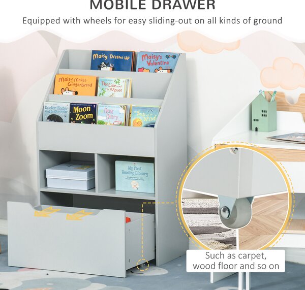 HOMCOM Kids Bookshelf with Storage Drawer, Children's Bookcase with Wheels, Toy Organiser for Bedroom, Playroom, Grey