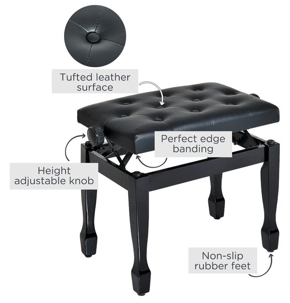 HOMCOM Adjustable Piano Stool, PU Leather Upholstered, Height Adjustable, for Makeup or Dressing Table, White