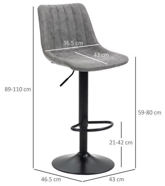 HOMCOM Breakfast Bar Stools Set of 2, 59-80cm Sitting Hight Leather Upholstered Bar Chairs with Back, Swivel Seat, Grey Aosom UK