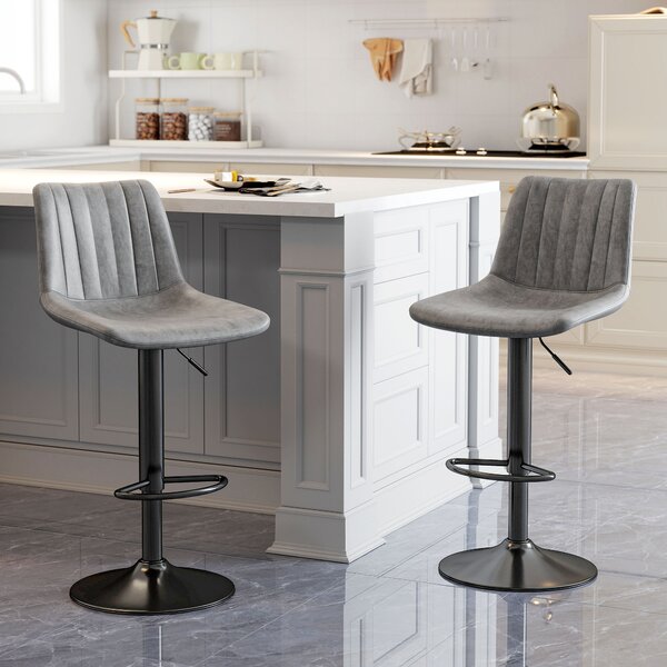 HOMCOM Breakfast Bar Stools Set of 2, 59-80cm Sitting Hight Leather Upholstered Bar Chairs with Back, Swivel Seat, Grey Aosom UK