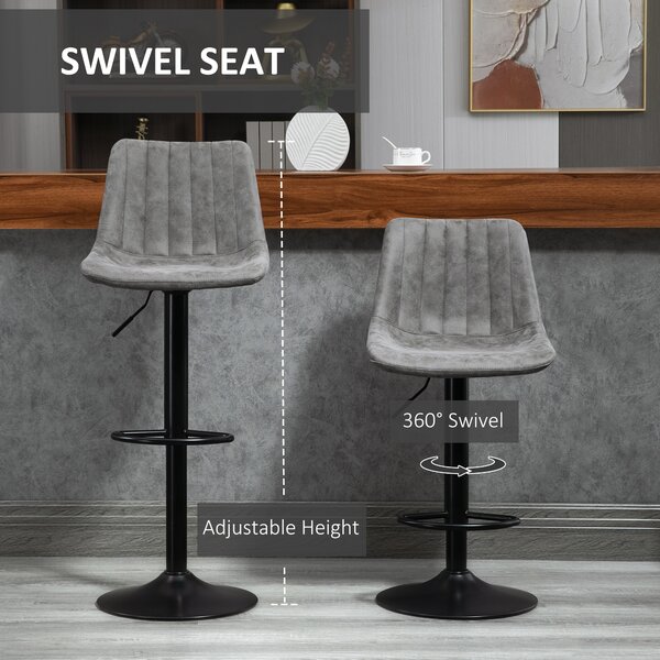 HOMCOM Breakfast Bar Stools Set of 2, 59-80cm Sitting Hight Leather Upholstered Bar Chairs with Back, Swivel Seat, Grey Aosom UK