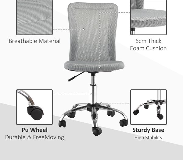 Vinsetto Mesh Office Chair with Height Adjustable, Swivel Wheels, Ergonomic Office Mesh Task Chair, Armless, Mid Back, Grey Aosom UK