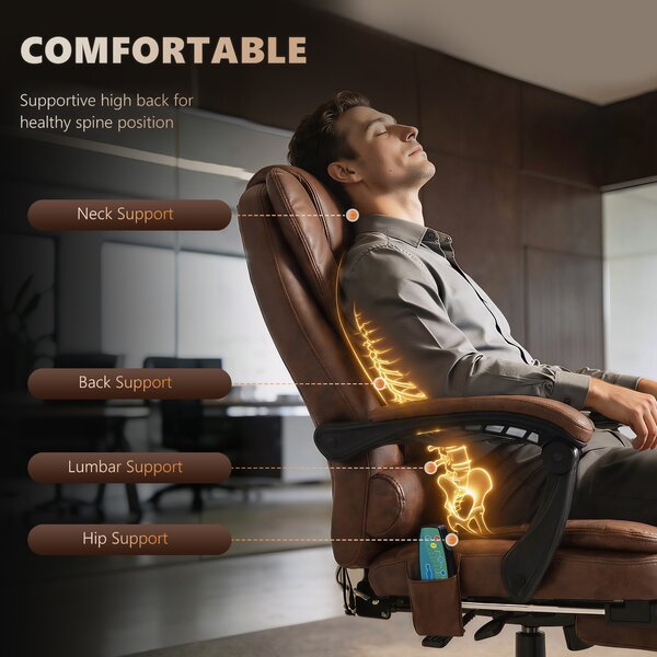Vinsetto Heated 6 Points Vibration Massage Executive Office Chair Adjustable Swivel Ergonomic High Back Desk Chair with Footrest Brown Aosom UK