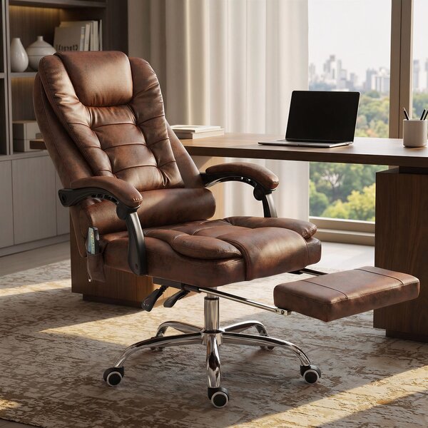 Vinsetto Heated 6 Points Vibration Massage Executive Office Chair Adjustable Swivel Ergonomic High Back Desk Chair with Footrest Brown Aosom UK