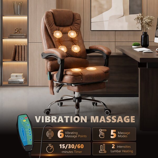 Vinsetto Heated 6 Points Vibration Massage Executive Office Chair Adjustable Swivel Ergonomic High Back Desk Chair with Footrest Brown Aosom UK