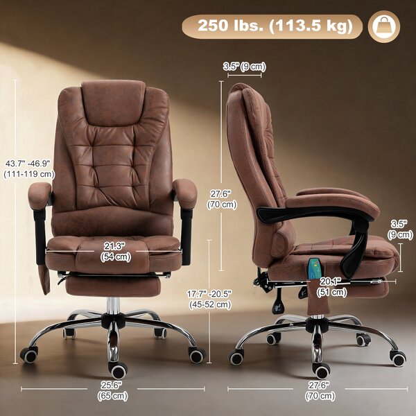 Vinsetto Heated 6 Points Vibration Massage Executive Office Chair Adjustable Swivel Ergonomic High Back Desk Chair with Footrest Brown Aosom UK