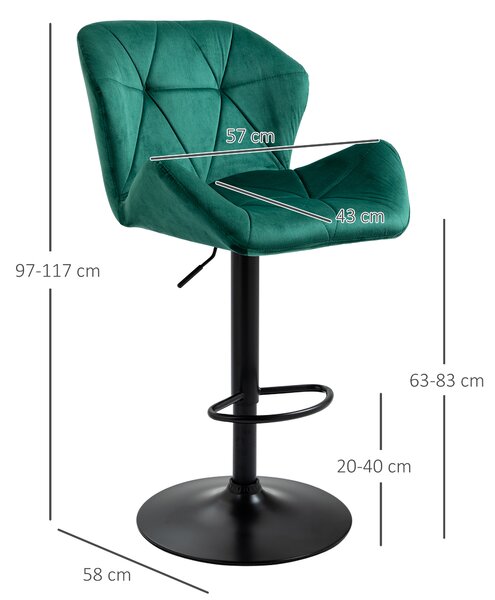 HOMCOM Bar Stools Set Of 2, Luxurious Velvet-Touch Barstools with Metal Frame Footrest Round Base Triangle Indenting Adjustable Height Swivel Green
