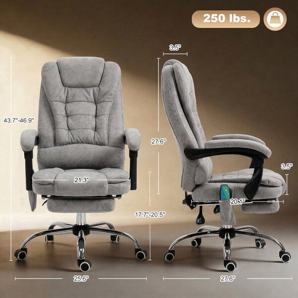 Vinsetto Massage Executive Office Chair, Heated 6 Points Vibration, Adjustable Swivel Ergonomic Desk Chair Recliner w/ Footrest Grey Aosom UK