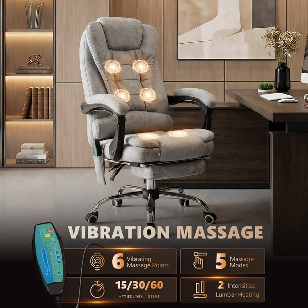 Vinsetto Massage Executive Office Chair, Heated 6 Points Vibration, Adjustable Swivel Ergonomic Desk Chair Recliner w/ Footrest Grey Aosom UK