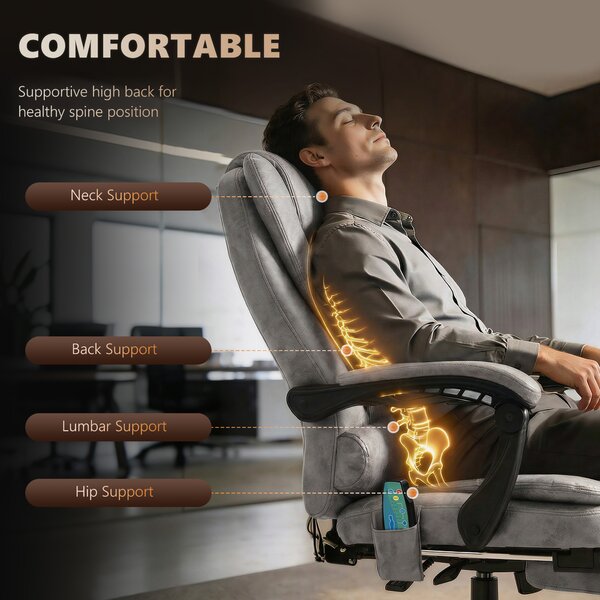 Vinsetto Massage Executive Office Chair, Heated 6 Points Vibration, Adjustable Swivel Ergonomic Desk Chair Recliner w/ Footrest Grey Aosom UK