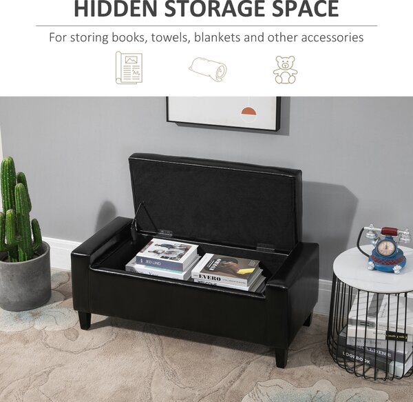 HOMCOM Ottoman Storage Bench, PU Leather Chest with Tufted Lid, Versatile Flip Top, 92L x 40W x 40H cm, Black Aosom UK