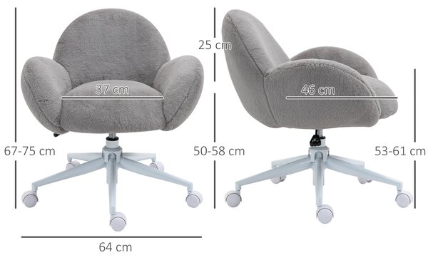 HOMCOM Fluffy Leisure Chair Office Chair with Backrest and Armrest for Home Bedroom Living Room with Wheels Grey