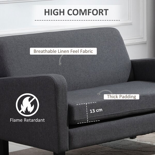 HOMCOM Linen Modern-Curved 2-Seat Sofa Loveseat w/ Thick Cushion Wood Legs Foot Pads, Cat Scratch Resistant, Grey Aosom UK