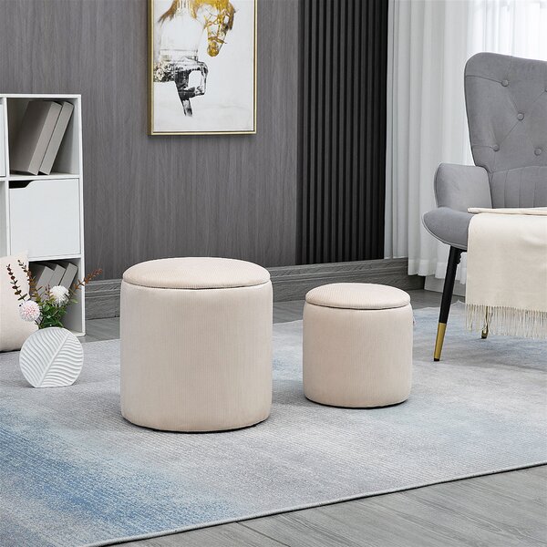 HOMCOM Set of 2 White Modern Storage Ottomans with Removable Lid, Fabric Foot Stools, Dressing Table Stools Aosom UK