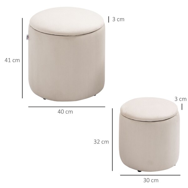 HOMCOM Set of 2 White Modern Storage Ottomans with Removable Lid, Fabric Foot Stools, Dressing Table Stools Aosom UK