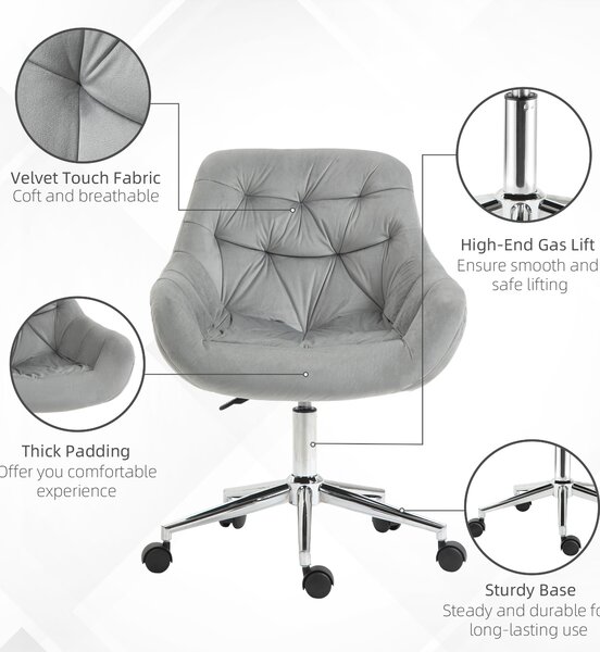 Vinsetto Velvet Ergonomic Office Chair: Adjustable Comfy Desk Chair with Arm and Back Support for Home, Grey Aosom UK