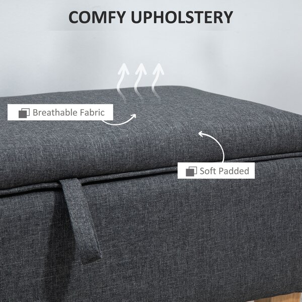 HOMCOM Linen Storage Ottoman, Padded Footstool, Rubberwood Legs, Ideal for Bed End, Shoe Bench, Seating, Dark Grey Aosom UK