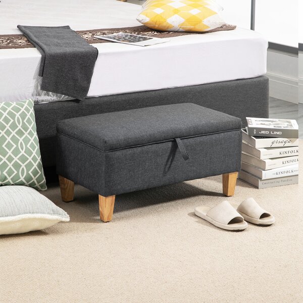 HOMCOM Linen Storage Ottoman, Padded Footstool, Rubberwood Legs, Ideal for Bed End, Shoe Bench, Seating, Dark Grey Aosom UK